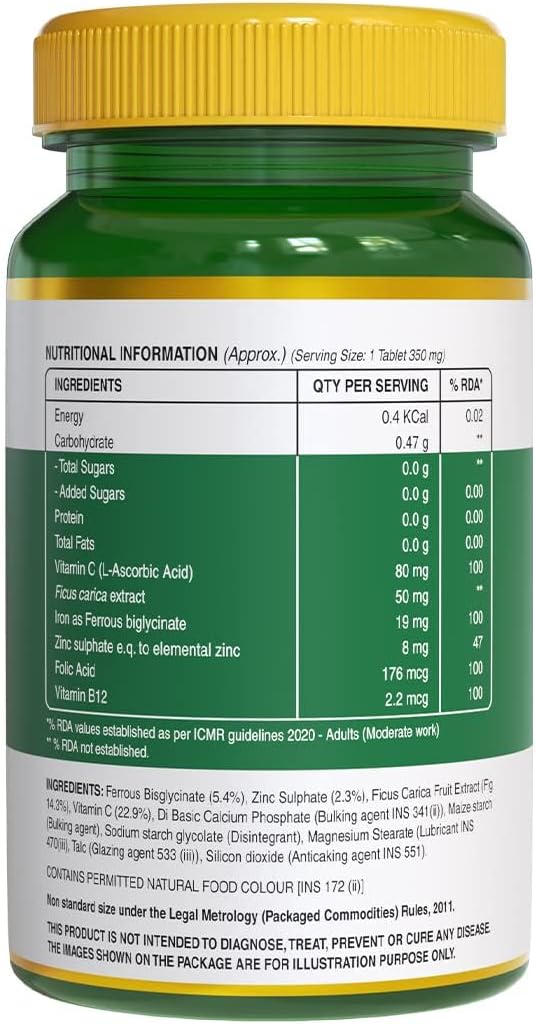 Iron Folic Acid Supplement with Zinc, Vitamin C, B12 - 120 Veg Tablets for Men & Women | Promotes Haemoglobin Production, Immunity & Iron Levels