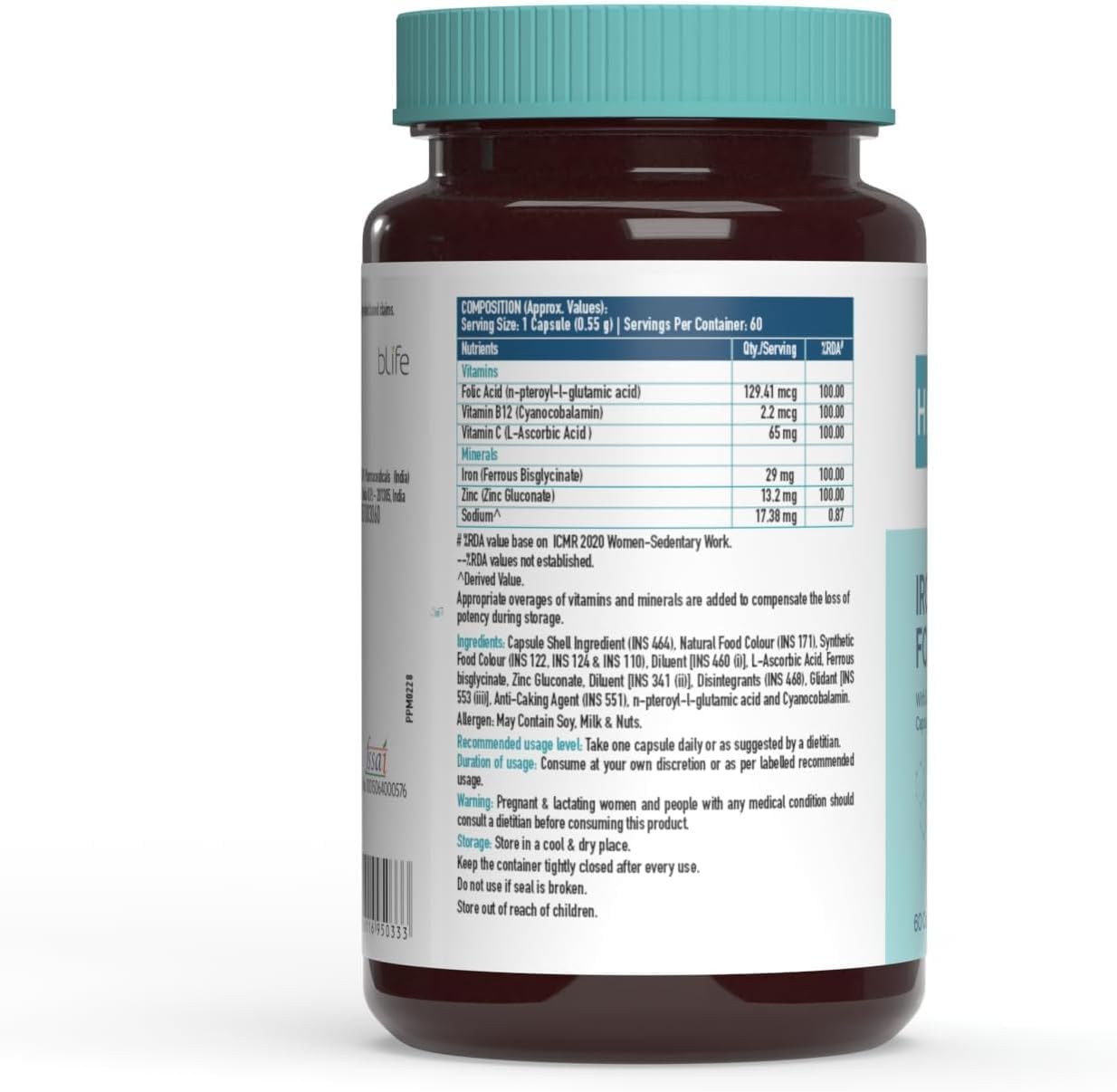 Iron Folic Acid Supplement with Zinc, Vitamin C, B12 - Supports Blood, Immunity, Energy - 60 Capsules