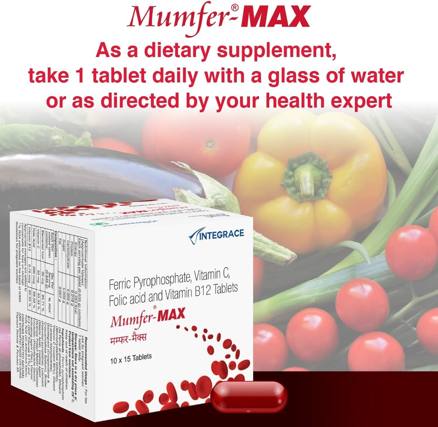 Iron, Folic Acid, Vitamin C & B12 Supplement for Blood Building and Energy - 150 Tablets (Pack of 10)