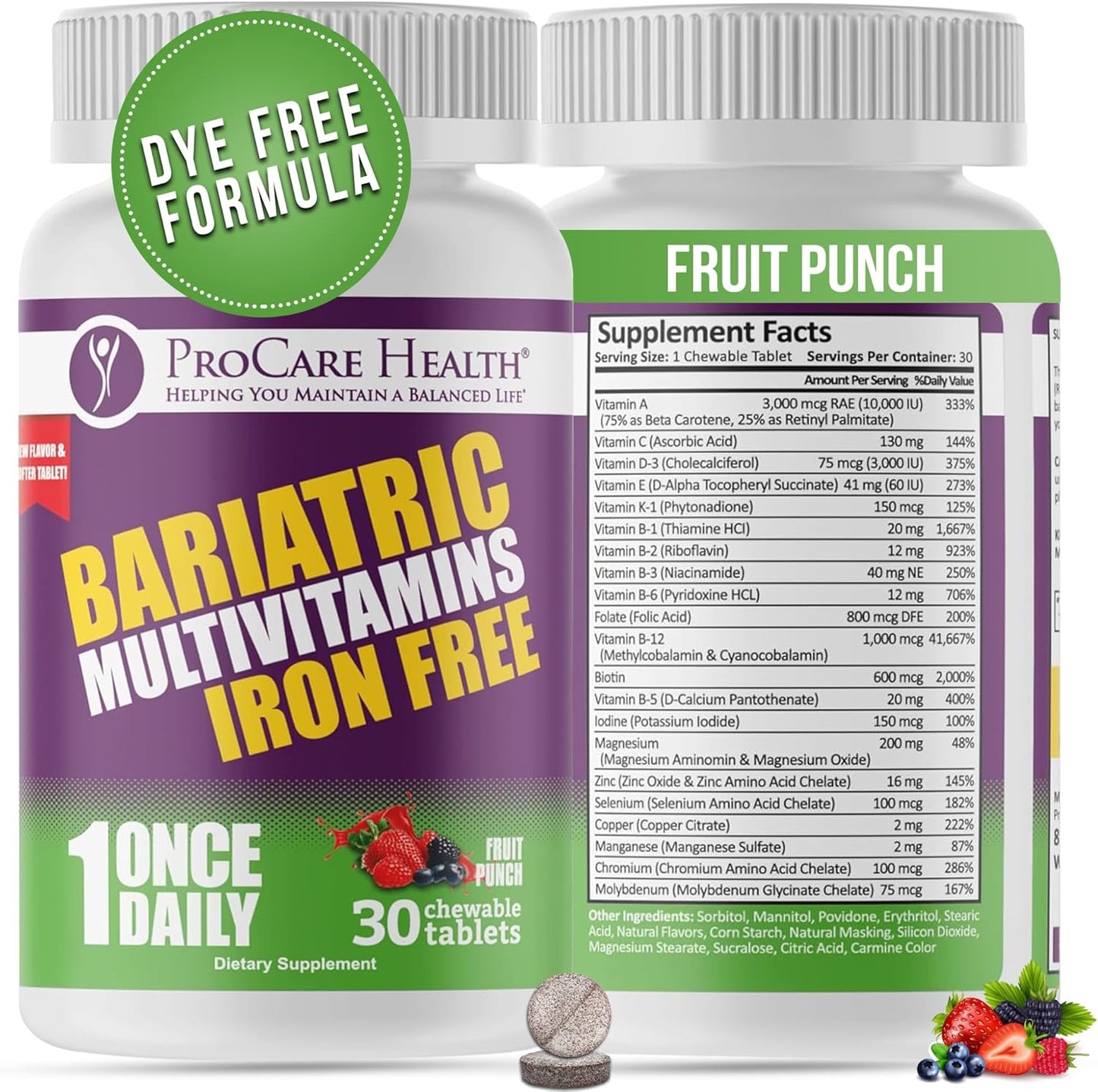 Iron-Free Fruit Punch Flavor Chewable Bariatric Multivitamin - 30 Tablets for Gastric Bypass & Sleeve Patients - 1 Month Supply