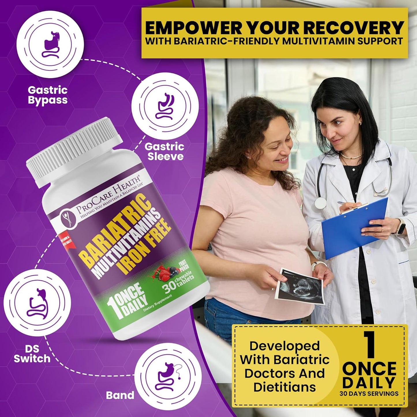 Iron-Free Fruit Punch Flavor Chewable Bariatric Multivitamin - 30 Tablets for Gastric Bypass & Sleeve Patients - 1 Month Supply