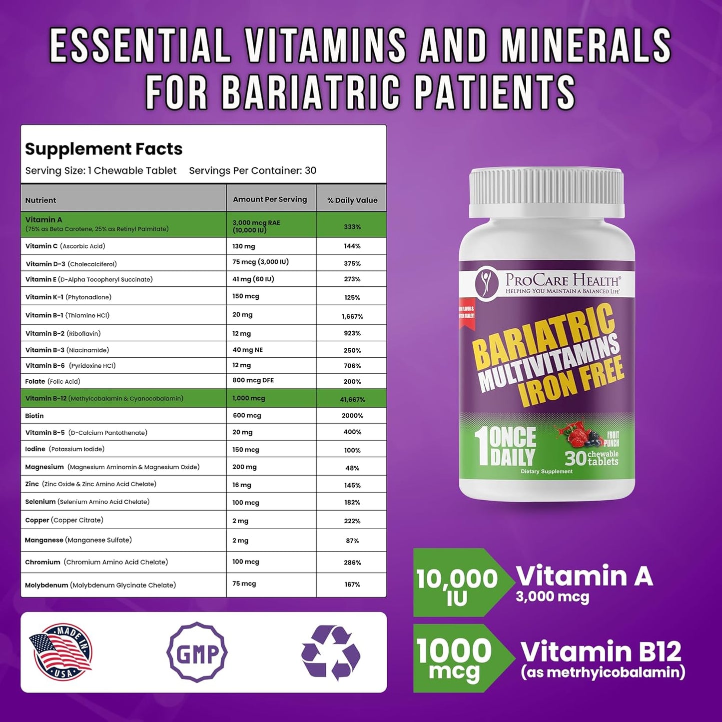 Iron-Free Fruit Punch Flavor Chewable Bariatric Multivitamin - 30 Tablets for Gastric Bypass & Sleeve Patients - 1 Month Supply