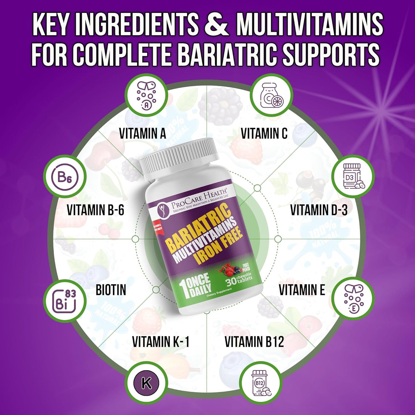 Iron-Free Fruit Punch Flavor Chewable Bariatric Multivitamin - 30 Tablets for Gastric Bypass & Sleeve Patients - 1 Month Supply