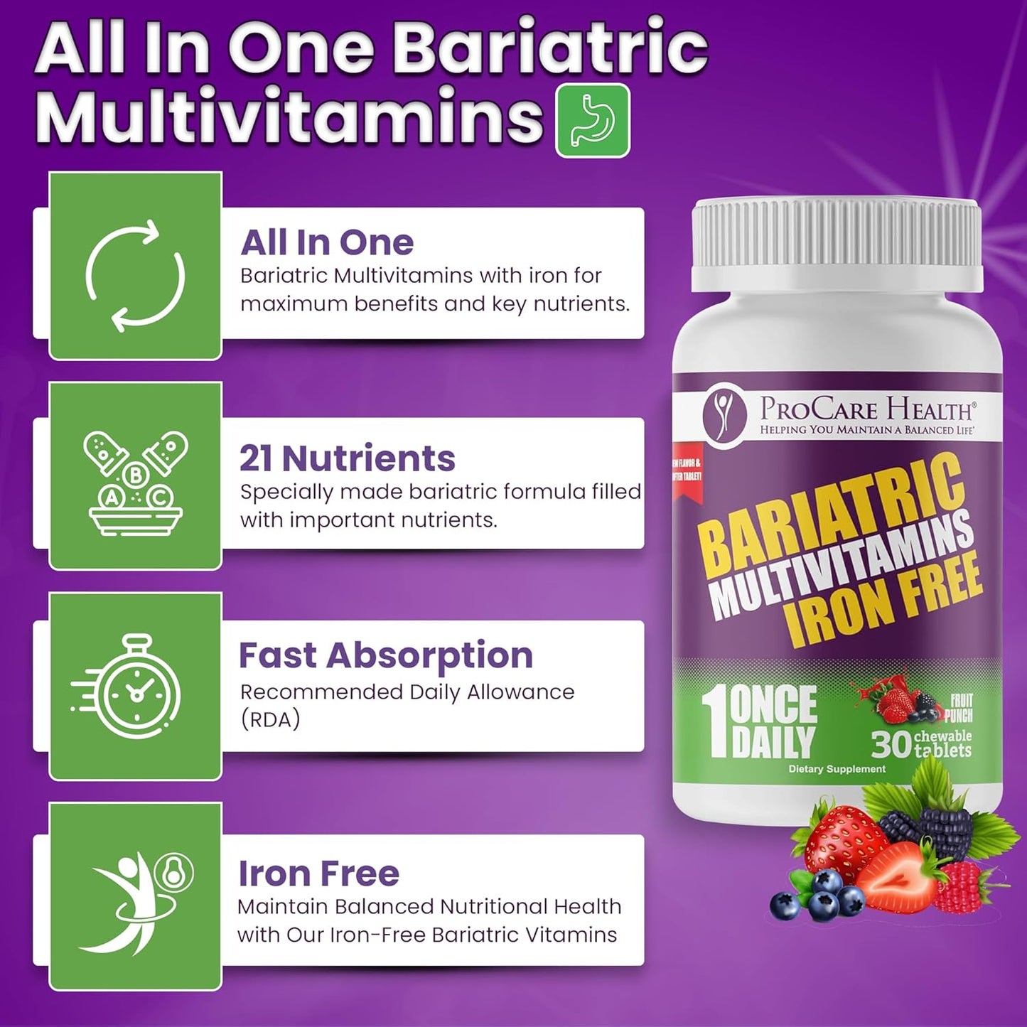 Iron-Free Fruit Punch Flavor Chewable Bariatric Multivitamin - 30 Tablets for Gastric Bypass & Sleeve Patients - 1 Month Supply