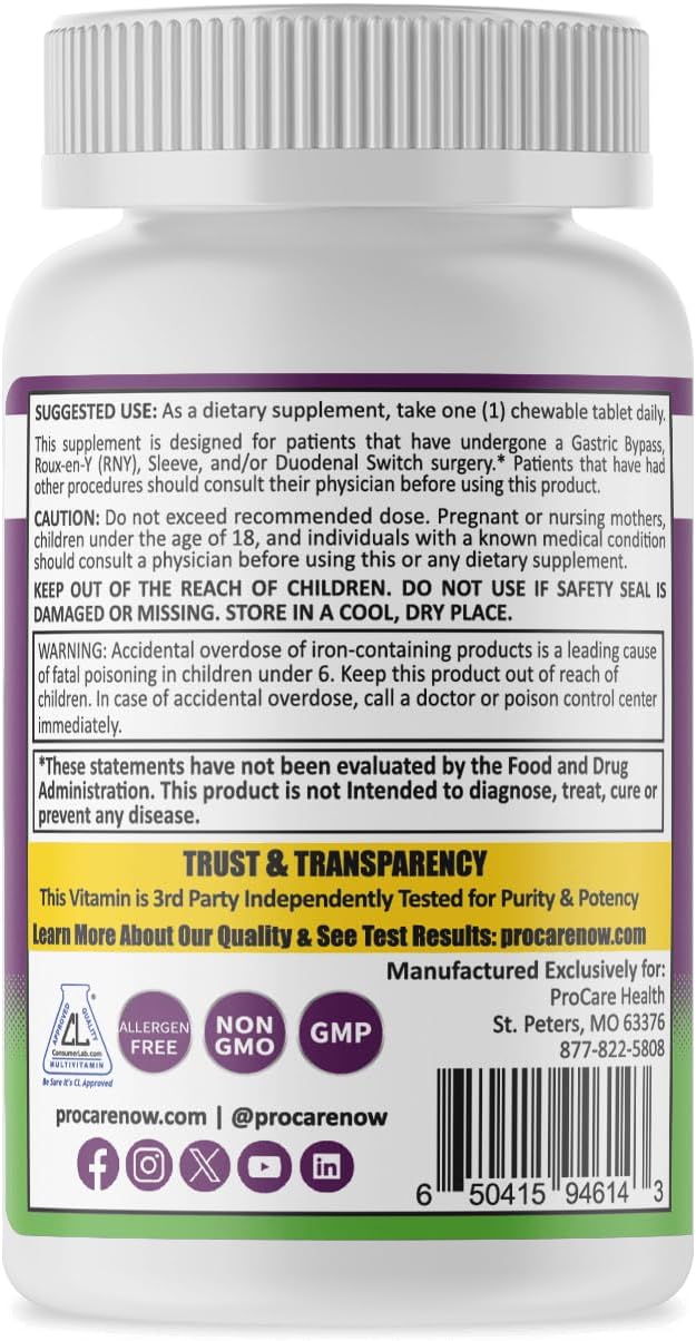 Iron-Free Fruit Punch Flavor Chewable Bariatric Multivitamin - 30 Tablets for Gastric Bypass & Sleeve Patients - 1 Month Supply