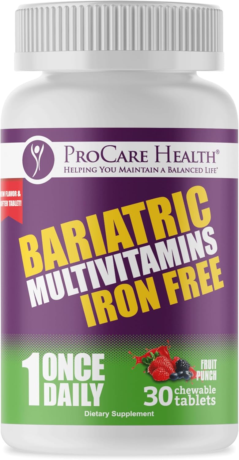 Iron-Free Fruit Punch Flavor Chewable Bariatric Multivitamin - 30 Tablets for Gastric Bypass & Sleeve Patients - 1 Month Supply