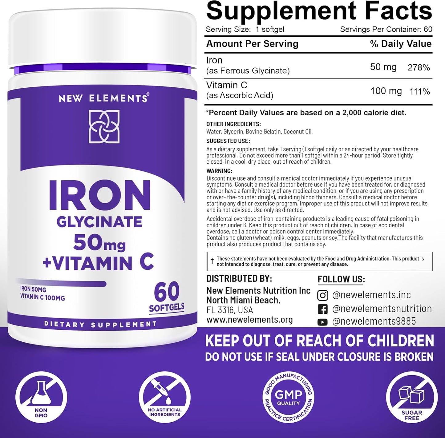 Iron Glycinate Softgels with Vitamin C for Enhanced Energy & Immune Support - 50mg Iron, 100mg Vitamin C - Non-GMO, Gluten-Free - Anemia Relief for Men & Women