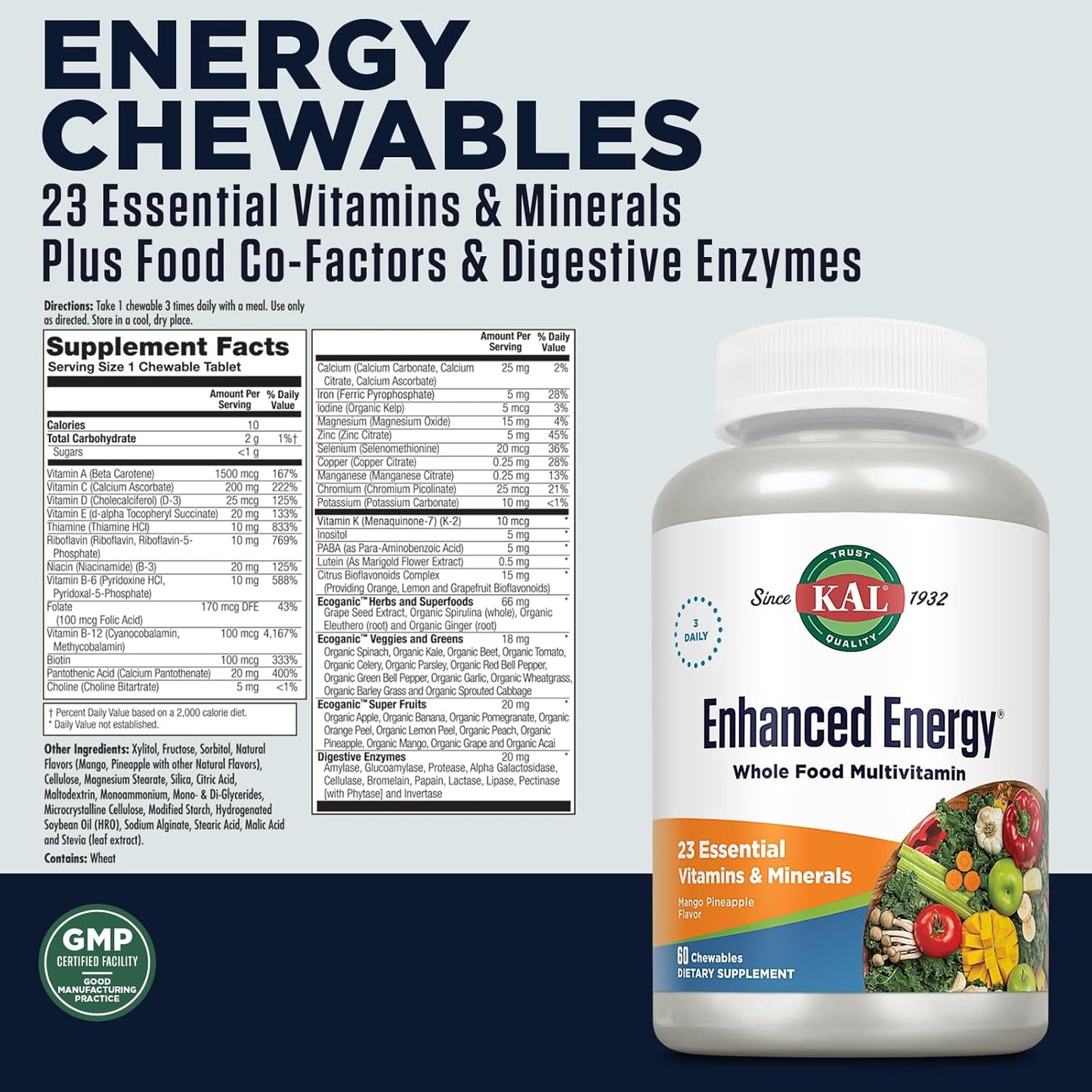 Iron-Rich Whole Food Chewable Multivitamin with 23 Essential Nutrients & Super Foods - Mango Pineapple Flavor, 60-Day Guarantee - 60ct.