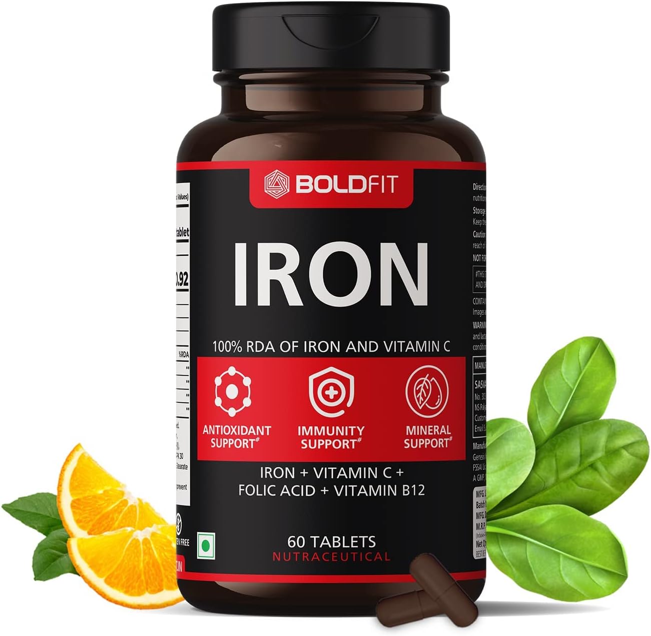 Iron Supplement with Vitamin C, Folic Acid, and Vitamin B12 for Energy Support - 60 Vegetarian Tablets for Men and Women