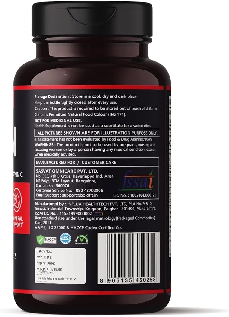 Iron Supplement with Vitamin C, Folic Acid, and Vitamin B12 for Energy Support - 60 Vegetarian Tablets for Men and Women