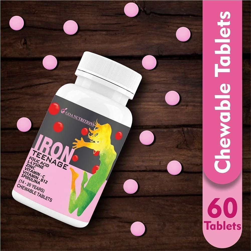 Iron Tablets with Folic Acid, Vitamin C, B12, lysine, Spirulina & Zinc Chewables for Women & Teenagers - 60 Count