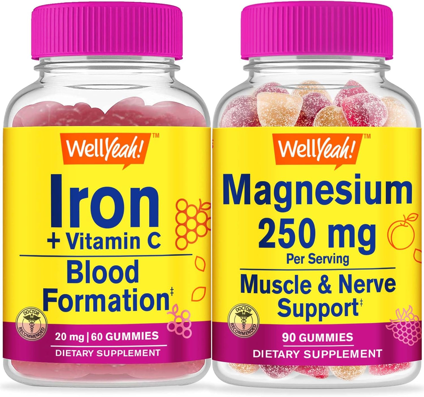 Iron, Vitamin C, and Magnesium Citrate Gummy Bundle - Gluten Free Chewable Supplement with Great Taste - GMO Free - 250mg