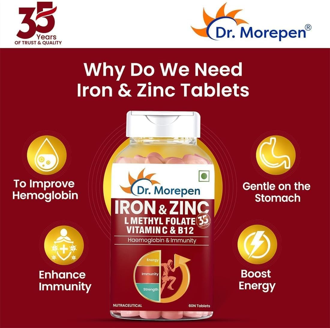 Iron, Zinc, Vitamin C, B12 Tablets: Boost Immunity & Haemoglobin, Increase HB Levels, Reduce Fatigue, Improve Respiratory Health - 60 Tabs