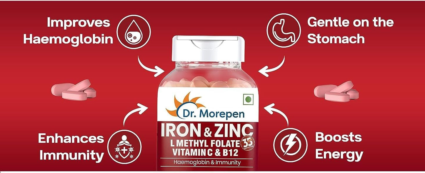 Iron, Zinc, Vitamin C, B12 Tablets: Boost Immunity & Haemoglobin, Increase HB Levels, Reduce Fatigue, Improve Respiratory Health - 60 Tabs