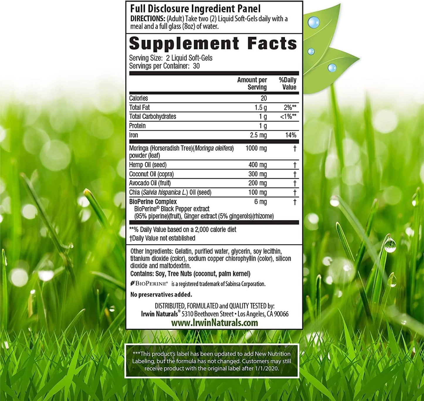 Irwin Naturals Mighty Moringa Liquid Softgels - 60 Count with Chia, Coconut, Hemp, Avocado & Omega Superfoods