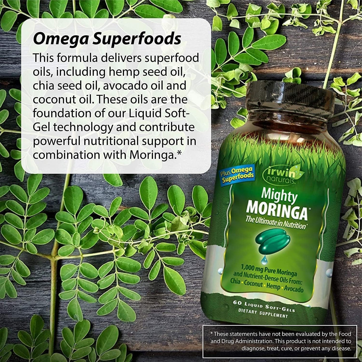 Irwin Naturals Mighty Moringa Liquid Softgels - 60 Count with Chia, Coconut, Hemp, Avocado & Omega Superfoods
