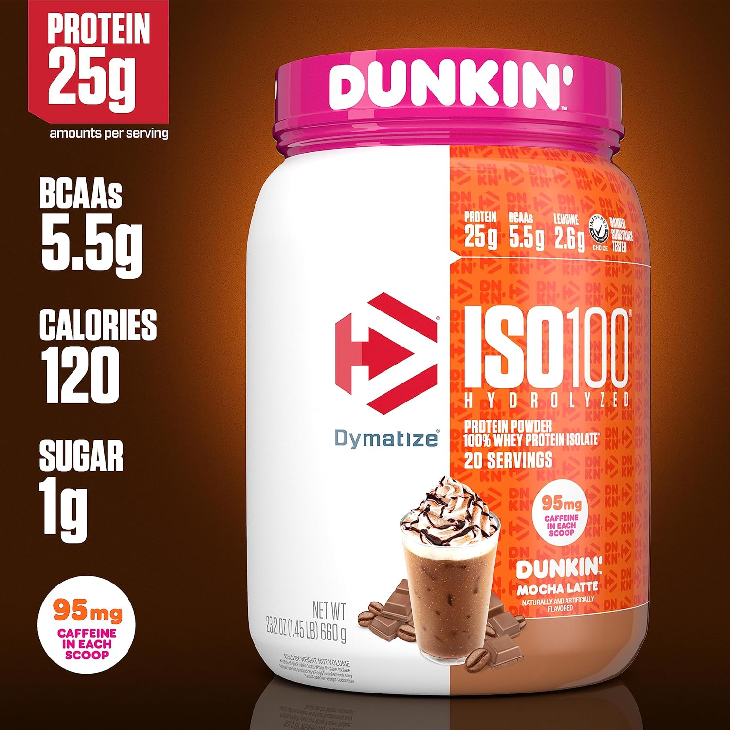ISO100 Hydrolyzed Protein Powder in Dunkin' Mocha Latte Flavor for Enhanced Performance and Recovery