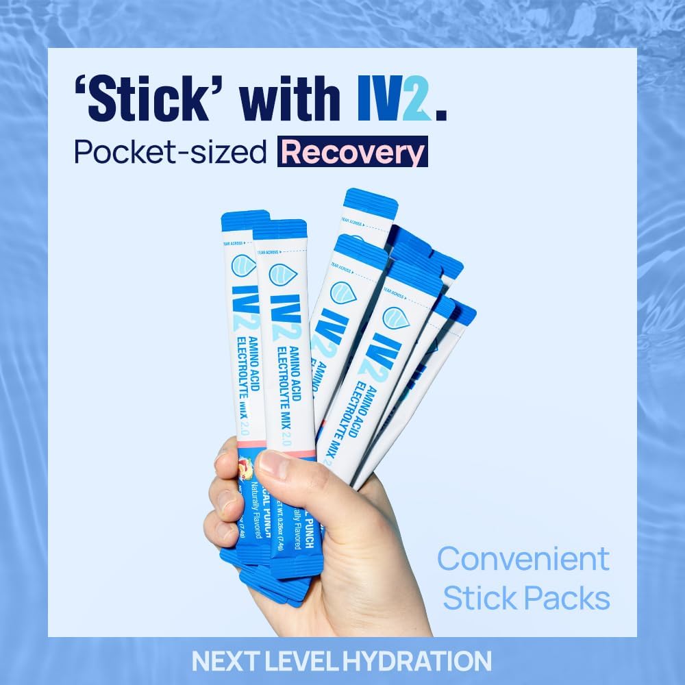 IV2-Zero Sugar Amino Acid Hydration Powder - Electrolyte Drink Mix with Essential Vitamins - Vegan, Non-GMO, Gluten-Free - Next Level Hydration (10 Pack)