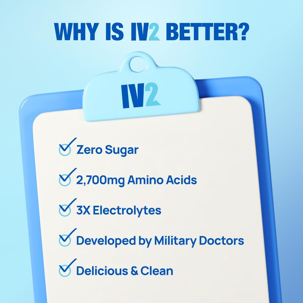 IV2-Zero Sugar Amino Acid Hydration Powder - Electrolyte Drink Mix with Essential Vitamins - Vegan, Non-GMO, Gluten-Free - Next Level Hydration (10 Pack)
