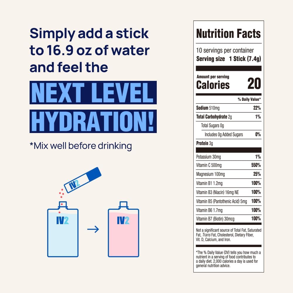 IV2-Zero Sugar Amino Acid Hydration Powder - Electrolyte Drink Mix with Essential Vitamins - Vegan, Non-GMO, Gluten-Free - Next Level Hydration (10 Pack)