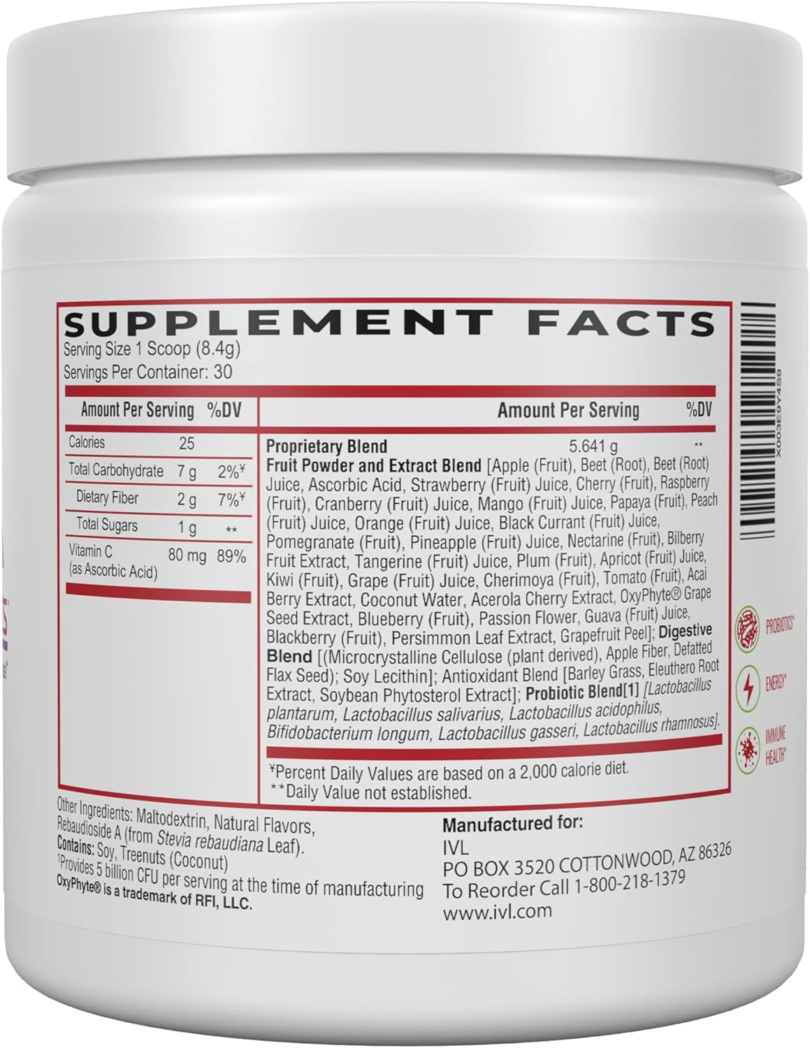 IVL Phyto Fruits Superfood Powder - Energy Support, Digestive & Probiotic Blend, Antioxidant-Rich, Vegan Formula - 40 Fruits & Nutrients + 6 Probiotic Strains - 30 Servings, 8.88 oz