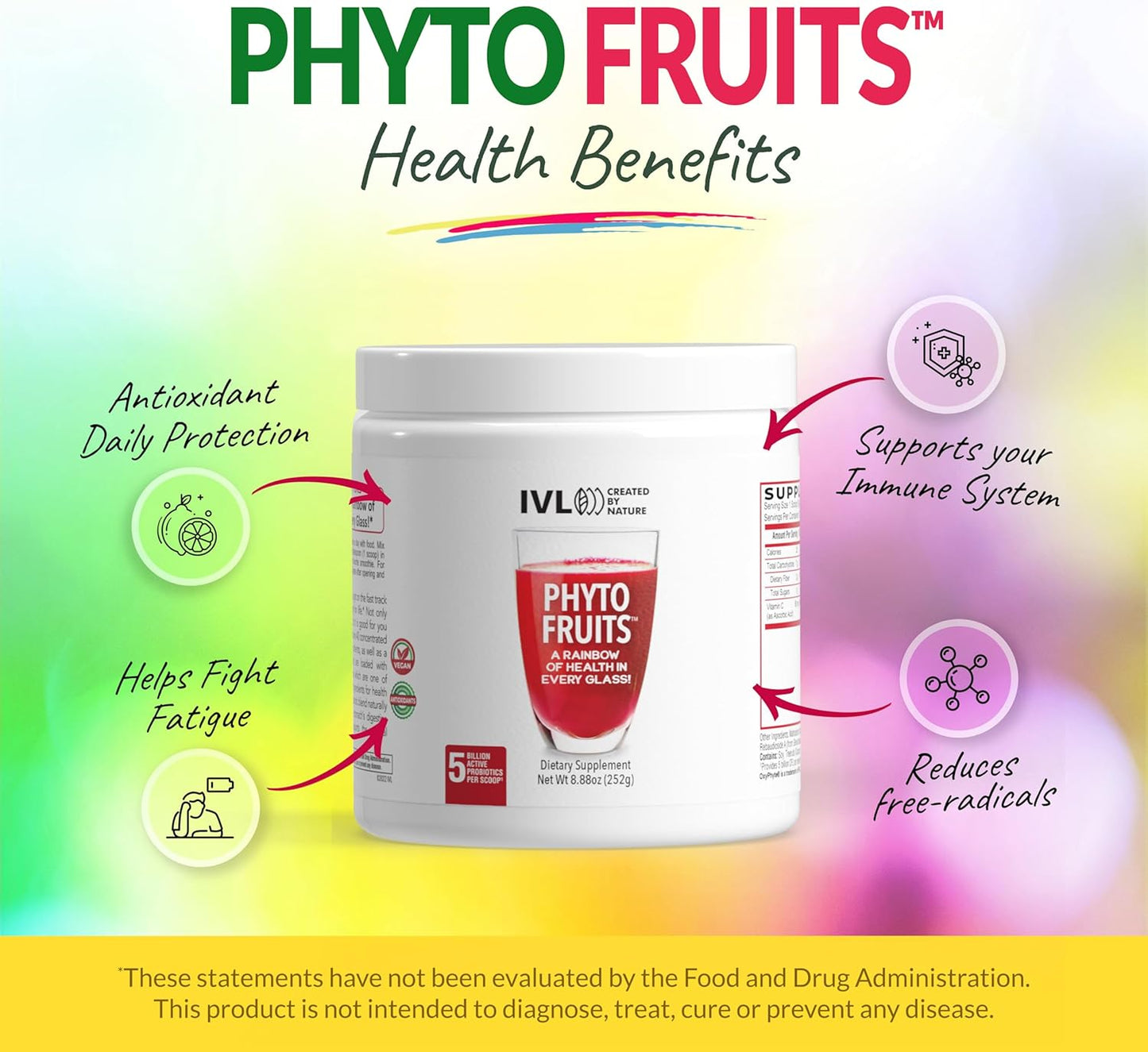 IVL Phyto Fruits Superfood Powder - Energy Support, Digestive & Probiotic Blend, Antioxidant-Rich, Vegan Formula - 40 Fruits & Nutrients + 6 Probiotic Strains - 30 Servings, 8.88 oz