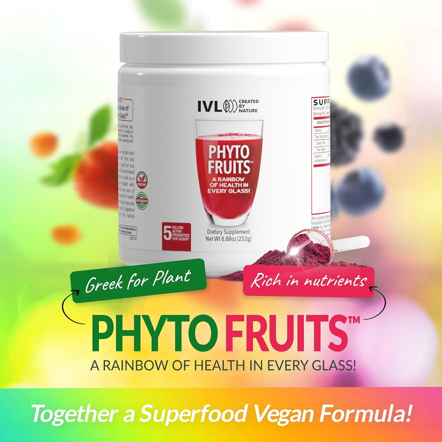 IVL Phyto Fruits Superfood Powder - Energy Support, Digestive & Probiotic Blend, Antioxidant-Rich, Vegan Formula - 40 Fruits & Nutrients + 6 Probiotic Strains - 30 Servings, 8.88 oz
