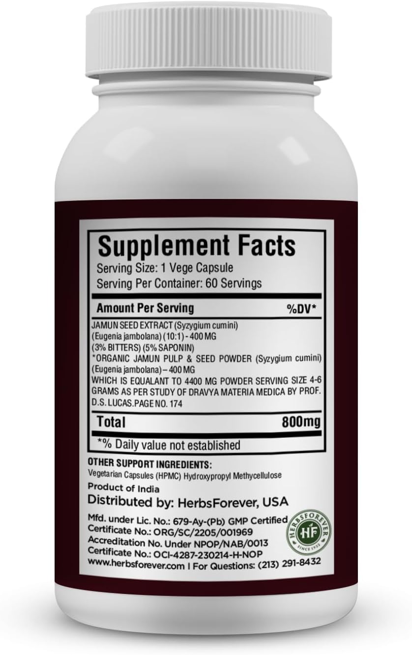 Jamun Capsules: Herbal Eugenia Jambolana Seeds Extract 10:1 Ratio Supplement for Wellness - 60 Vege Capsules