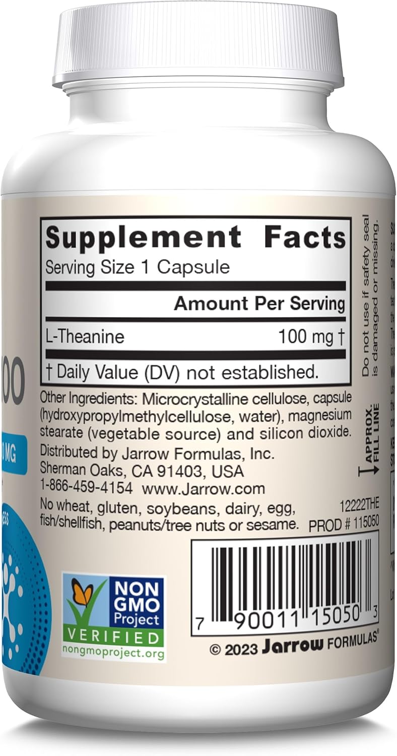 Jarrow Formulas Theanine Supplement 100mg for Relaxation, 60 Veg Caps - Pack of 12