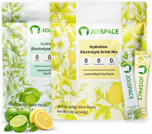 JOISPACE Electrolyte Drink Mix with Tea Polyphenols for Fast Hydration & Energy Boost - Non-GMO, Vegan, Gluten-Free Lemon Tea & Lime Tea - 32 Servings