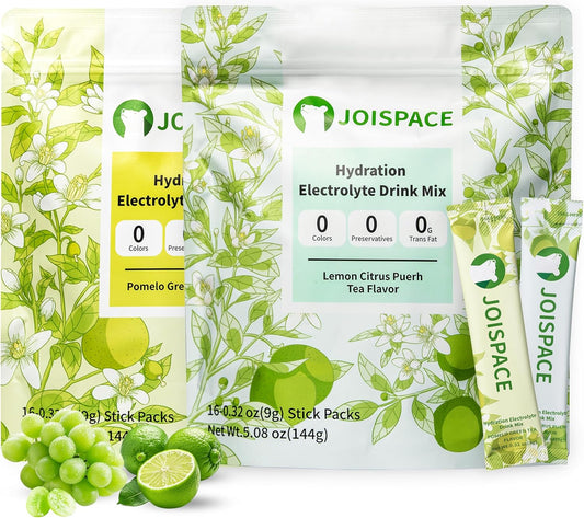 JOISPACE Electrolyte Drink Mix with Tea Polyphenols for Fast Hydration & Energy | Non-GMO, Vegan, Gluten-Free | Pomelo Tea & Lemon Lime Flavor, 32 Servings