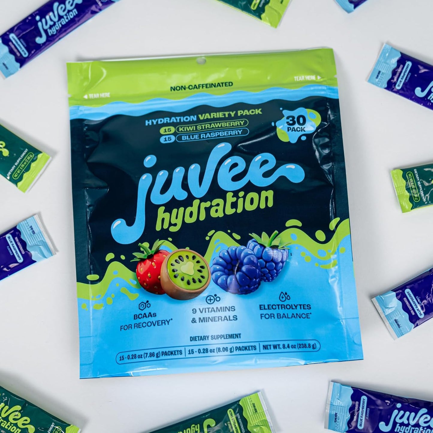 Juvee Hydration Variety Pack with Zero Sugar, Electrolytes, BCAAs, Vitamins, and Minerals - 30 Count, 15 Calories, Gluten-Free, Vegan, Non-GMO