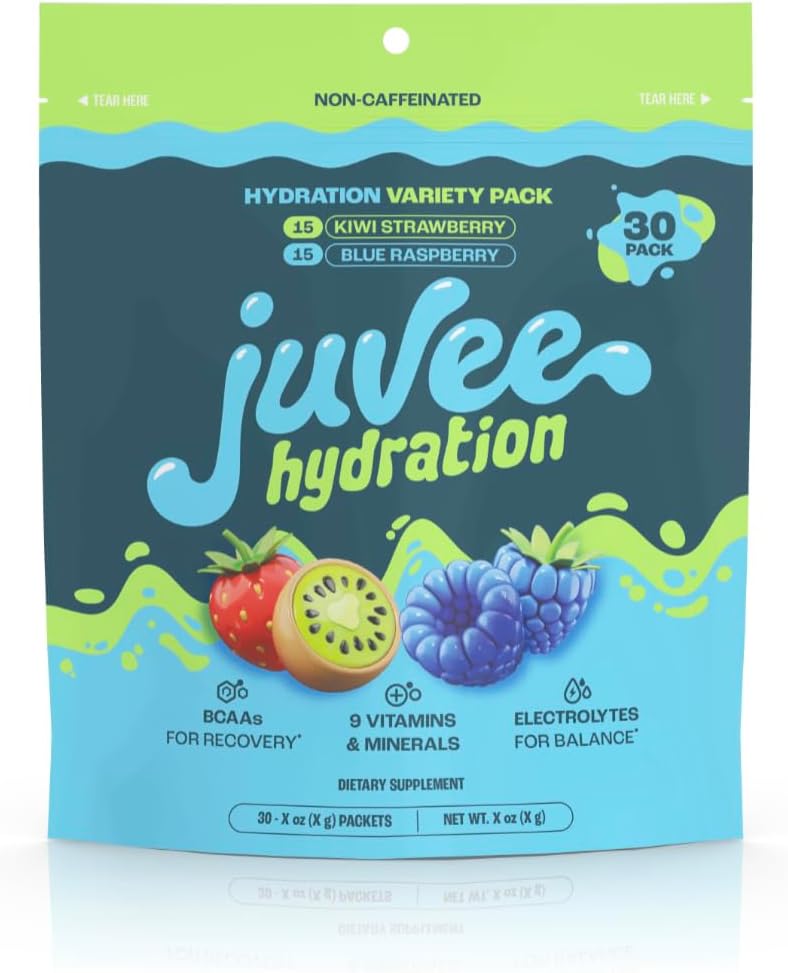 Juvee Hydration Variety Pack with Zero Sugar, Electrolytes, BCAAs, Vitamins, and Minerals - 30 Count, 15 Calories, Gluten-Free, Vegan, Non-GMO