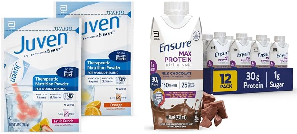 Juven Therapeutic Nutrition Drink Mix Powder with Collagen & Ensure Max Protein Shake, 30g Protein, 1g Sugar, 4g Fiber - Wound Healing Support