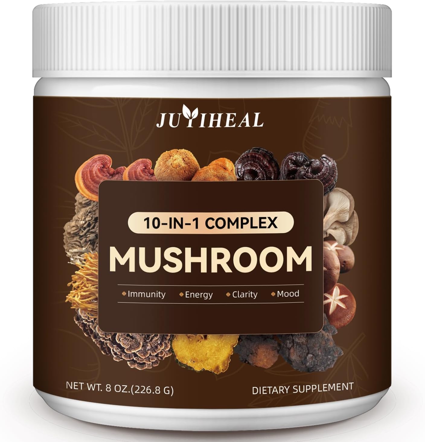 JUYIHEAL Mushroom Complex Powder - Lions Mane, Reishi, Shiitake, Chaga, Turkey Tail & More - Energy, Memory, Focus & Immune Support 8oz