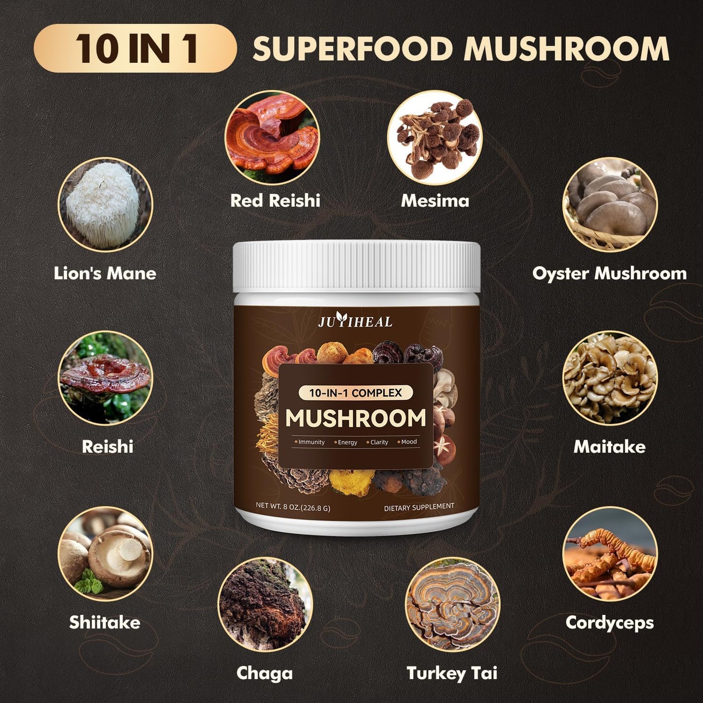 JUYIHEAL Mushroom Complex Powder - Lions Mane, Reishi, Shiitake, Chaga, Turkey Tail & More - Energy, Memory, Focus & Immune Support 8oz