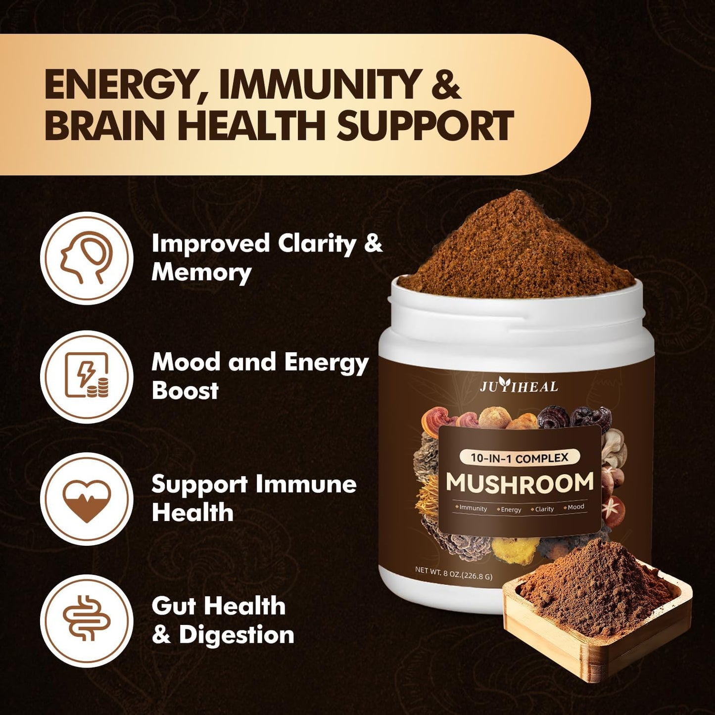 JUYIHEAL Mushroom Complex Powder - Lions Mane, Reishi, Shiitake, Chaga, Turkey Tail & More - Energy, Memory, Focus & Immune Support 8oz