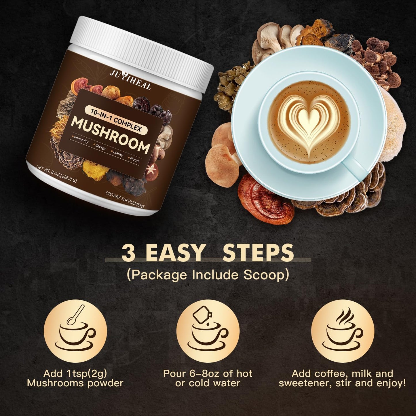 JUYIHEAL Mushroom Complex Powder - Lions Mane, Reishi, Shiitake, Chaga, Turkey Tail & More - Energy, Memory, Focus & Immune Support 8oz