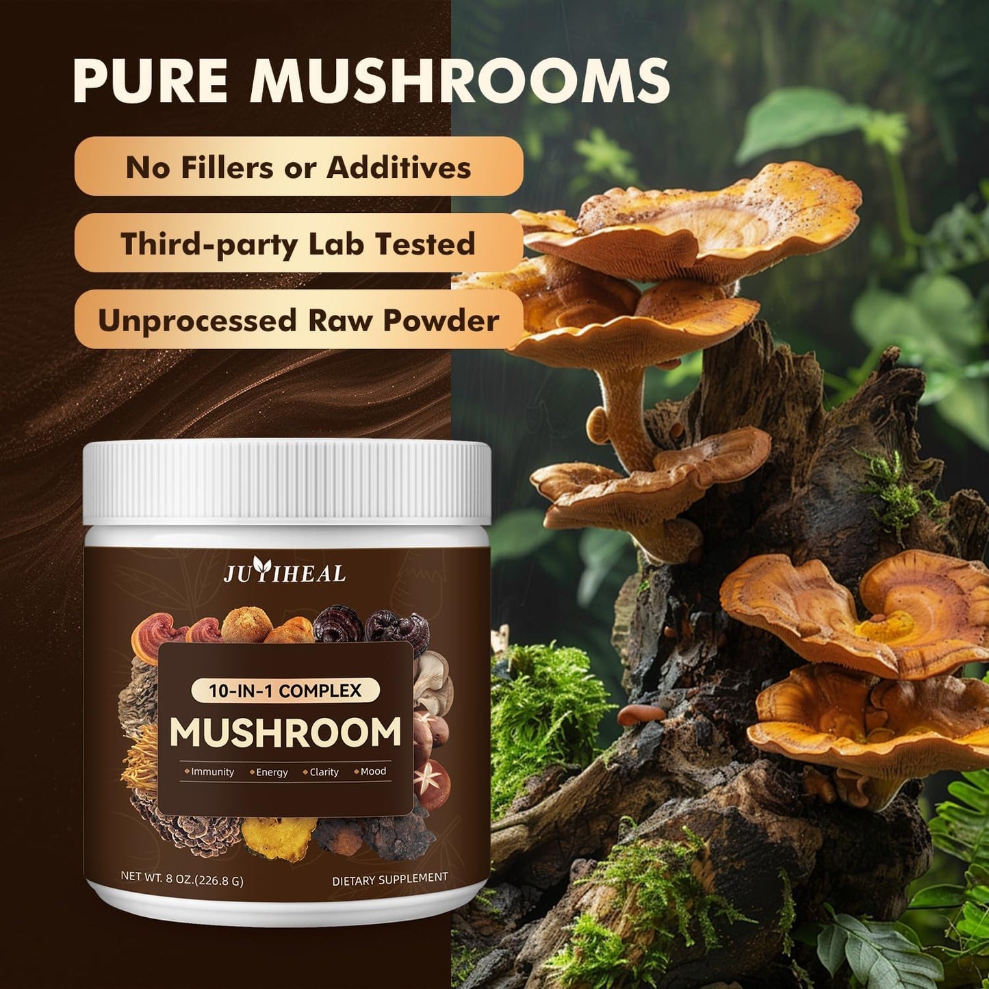 JUYIHEAL Mushroom Complex Powder - Lions Mane, Reishi, Shiitake, Chaga, Turkey Tail & More - Energy, Memory, Focus & Immune Support 8oz