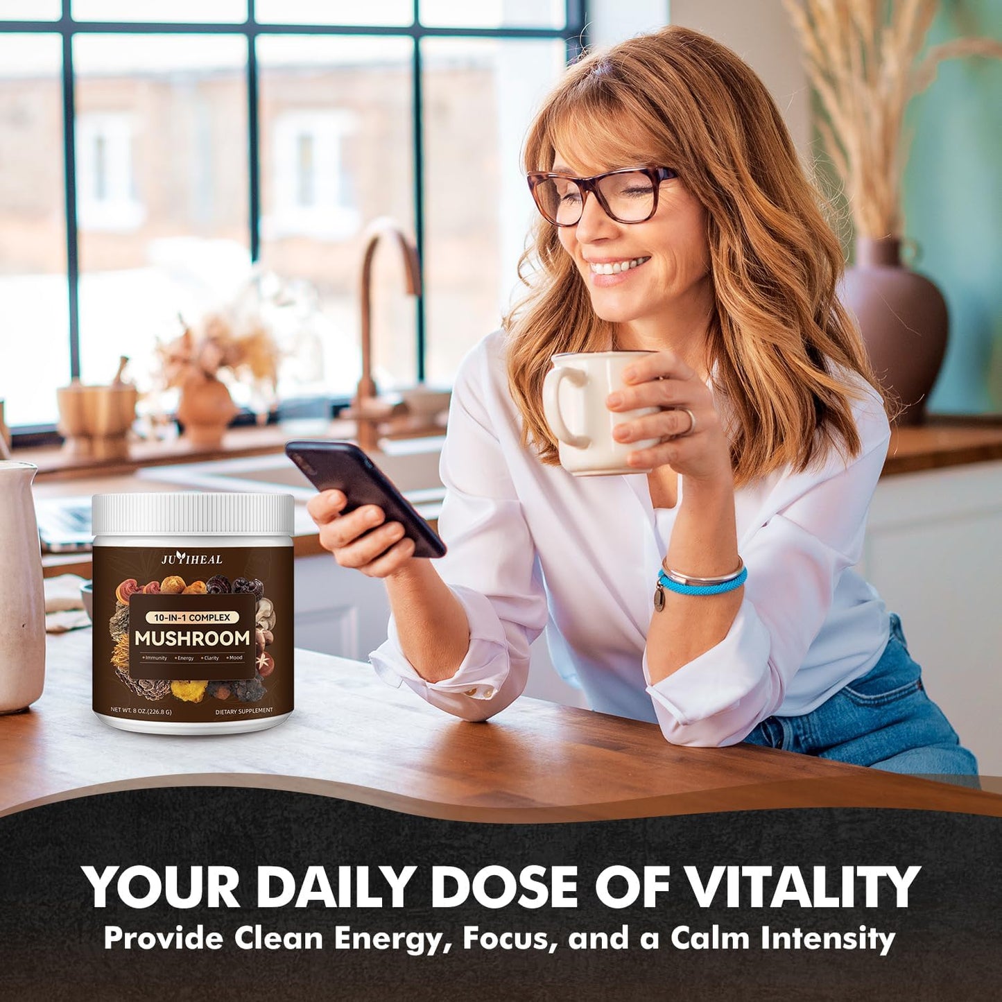 JUYIHEAL Mushroom Complex Powder - Lions Mane, Reishi, Shiitake, Chaga, Turkey Tail & More - Energy, Memory, Focus & Immune Support 8oz