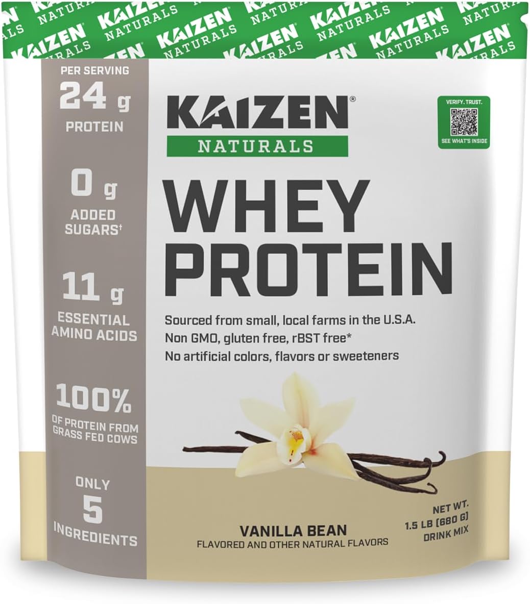 Kaizen Naturals Grass-Fed Whey Protein Powder - Lactose & Gluten-Free with BCAAs and EAAs - Locally Sourced, Non-GMO - 21 Servings, 1.5lb