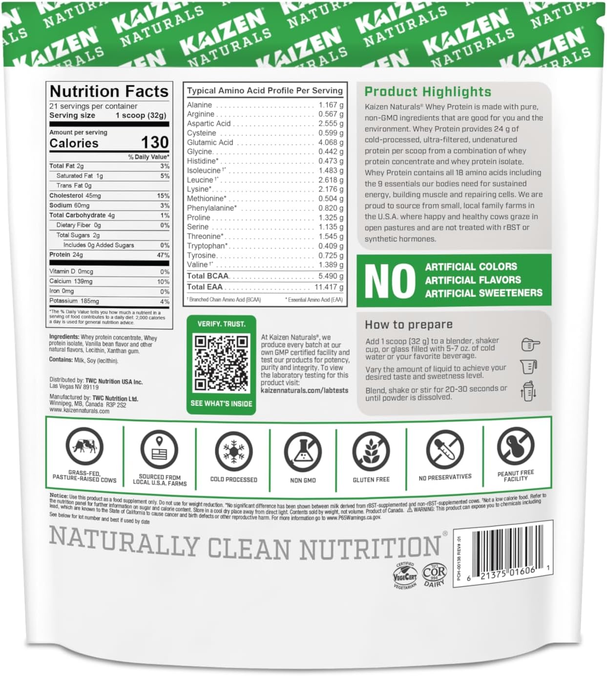 Kaizen Naturals Grass-Fed Whey Protein Powder - Lactose & Gluten-Free with BCAAs and EAAs - Locally Sourced, Non-GMO - 21 Servings, 1.5lb