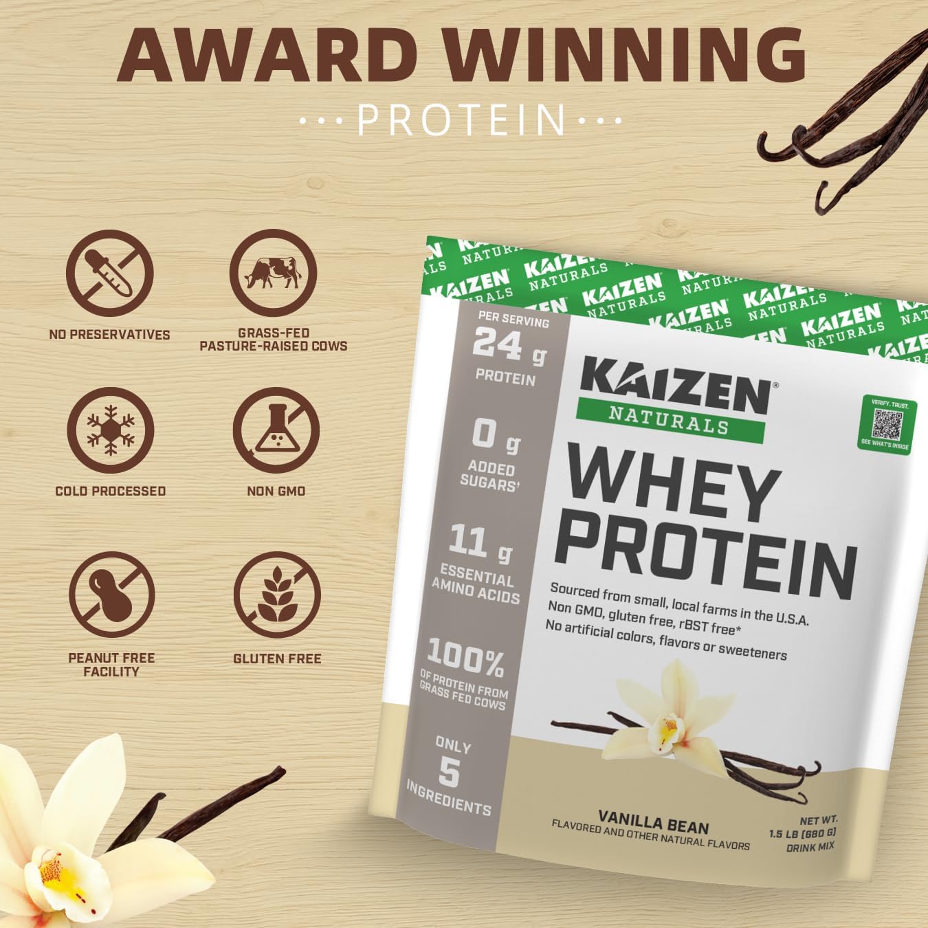 Kaizen Naturals Grass-Fed Whey Protein Powder - Lactose & Gluten-Free with BCAAs and EAAs - Locally Sourced, Non-GMO - 21 Servings, 1.5lb