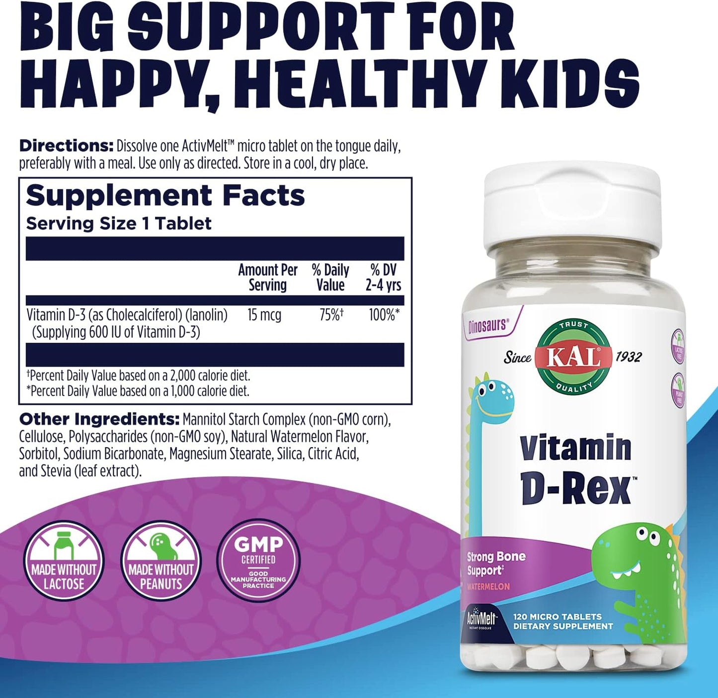 KAL Vitamin D-Rex Kids Melts, Watermelon Flavor, 15 mcg Vitamin D, Immune & Bone Health, 120 Servings