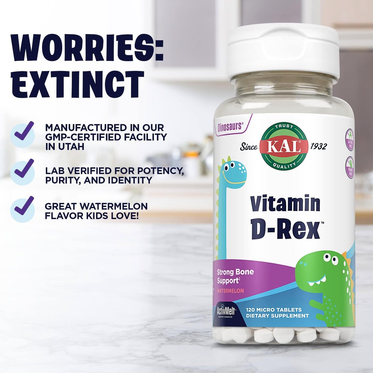 KAL Vitamin D-Rex Kids Melts, Watermelon Flavor, 15 mcg Vitamin D, Immune & Bone Health, 120 Servings