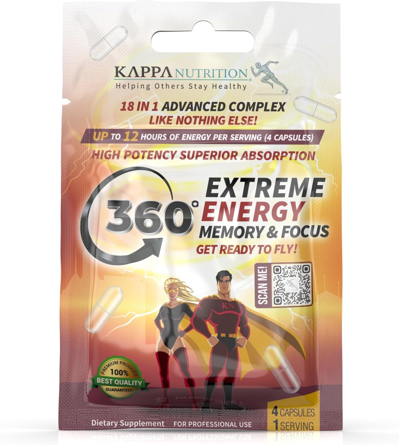 KAPPA NUTRITION 360 Extreme Energy, Memory & Focus Supplement - 20 Sachets with 4 Capsules each - Boost Alertness and Mental Clarity