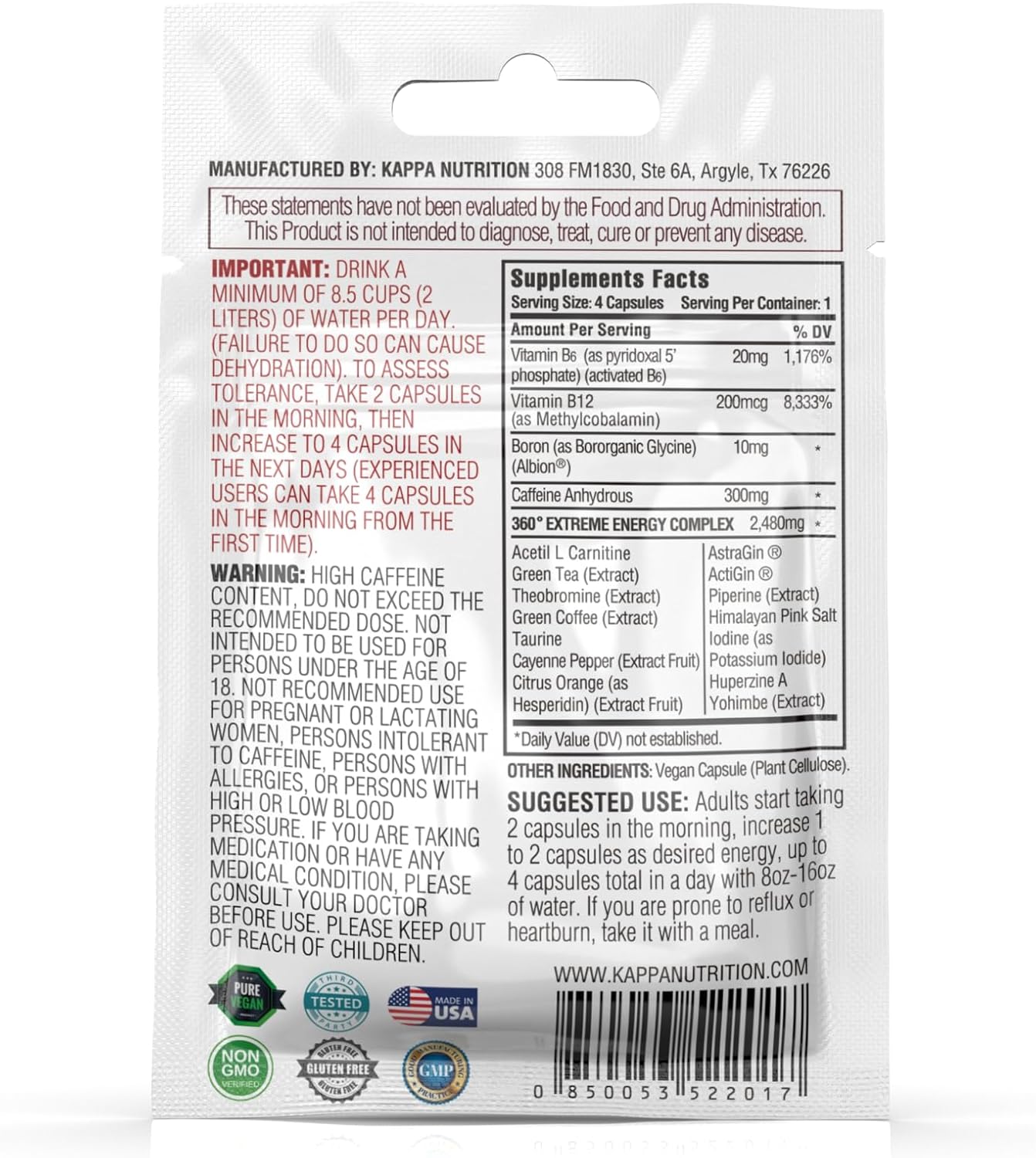 KAPPA NUTRITION 360 Extreme Energy, Memory & Focus Supplement - 20 Sachets with 4 Capsules each - Boost Alertness and Mental Clarity