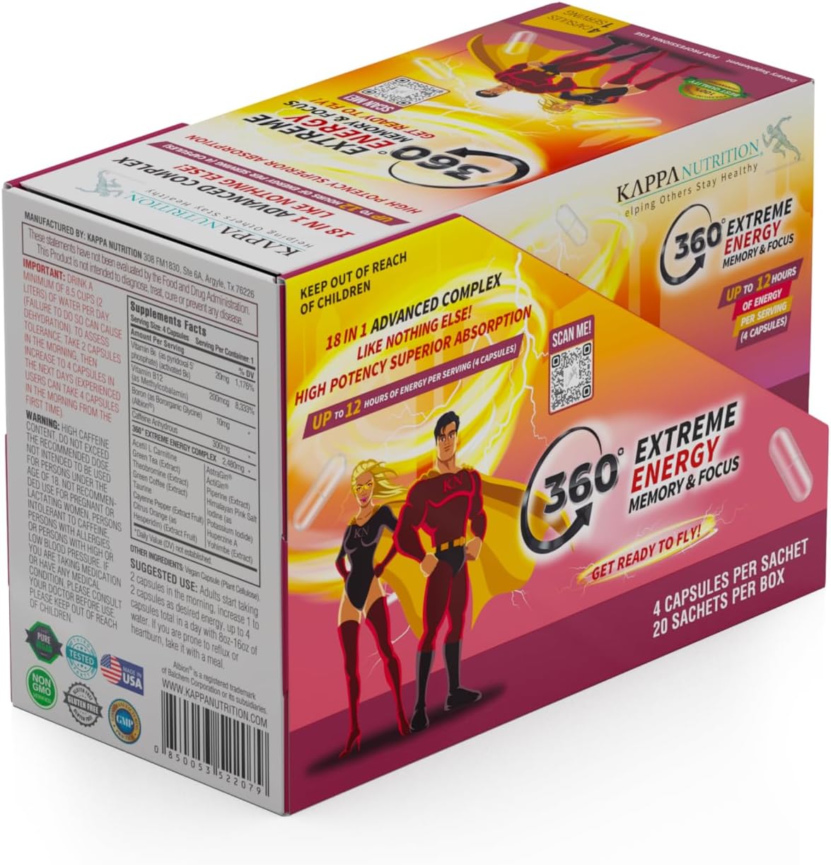 KAPPA NUTRITION 360 Extreme Energy, Memory & Focus Supplement - 20 Sachets with 4 Capsules each - Boost Alertness and Mental Clarity