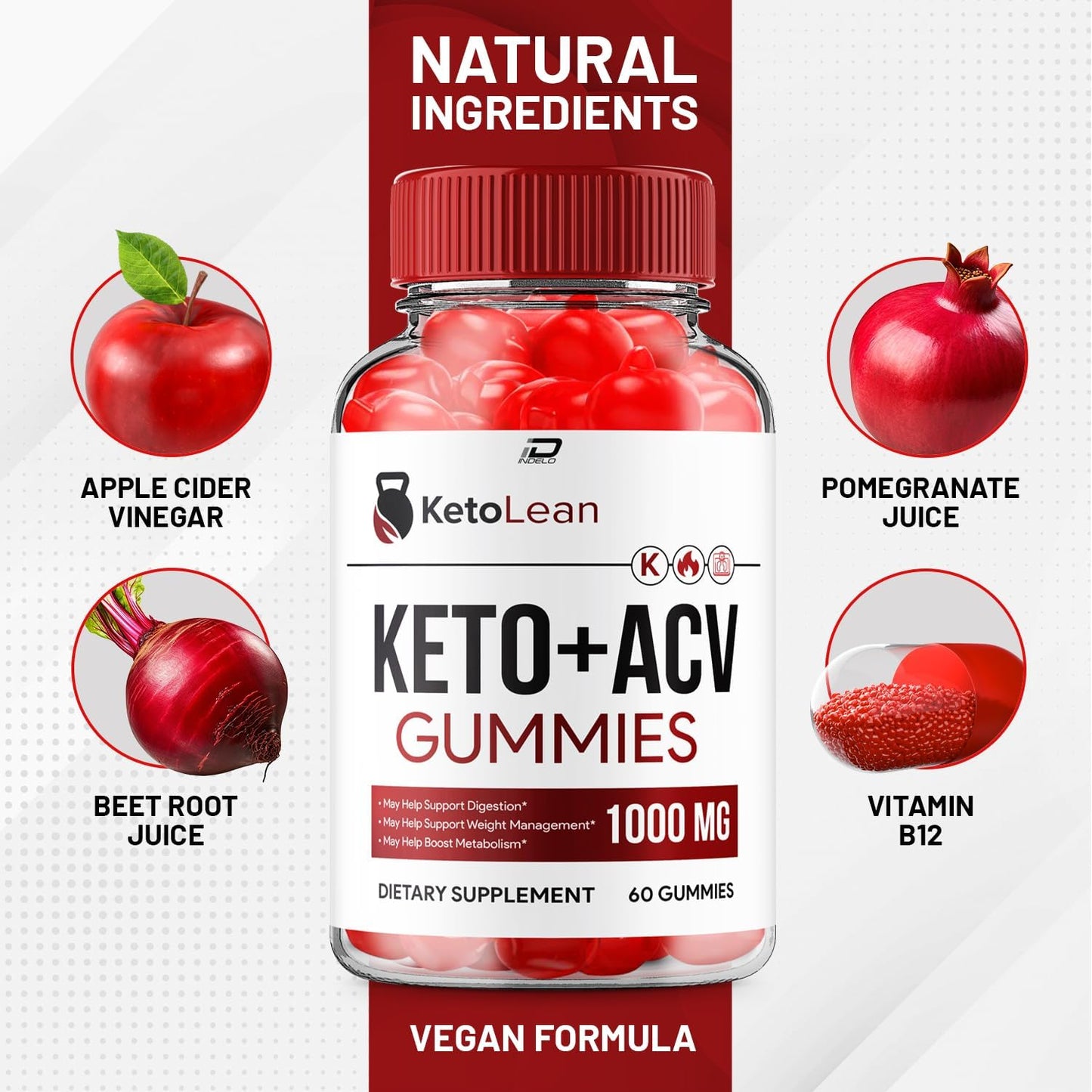 KetoLean + ACV Gummies Supplement - Apple Cider Vinegar 1000MG, B12, Lean Keto Gummies - 5 Pack (300 Gummies)