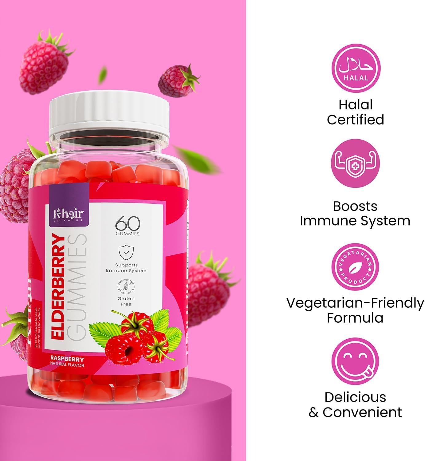 Khair Halal Elderberry Gummies - Immunity Boosting Antioxidant Supplement - Non GMO, Vegetarian, Gluten Free - 60 Gummies